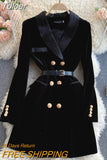 Vintage Women Winter Long Sleeve Velvet Dress Elegant Notched Collar Double Breasted Office Black Dress Slim with