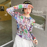 Sweet Cartoon Print Mesh Top Y2k Aesthetic Long Sleeve T Shirts Women Anime E Girl Kawaii Clothes 90s Sexy
