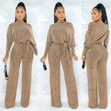 Women 2023 Spring Long Sleeve High Waist Loose Belt Wide Leg Jumpsuit Elegant Office Ne Piece Outfit Party