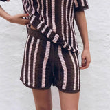 New Striped Collar Short Sleeve Loose Blouse High-Waist Three-Point Shorts Knitwear Two-Piece
