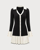 2025 New Short Dress Women's Fashion Lotus Side Knitted Dress Long-Sleeved Little Scented Style