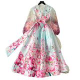 Spring Spring Court Wind Positioning Print Cross V-Neck Tie With Belt Mesh Long Sleeves Spliced