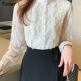 Sleeve Women Shirt Stand Collar Flower Embroidery Blouse Women Elegant Fashion Button Lace Shirts Female Loose Blusas