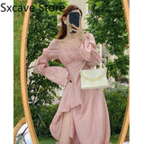 party Design Pink Midi Dress Women Sweet Vintage Elegant One Piece Dress Korean Fashion 2022 Autumn Fairy High Waist Party Dress