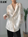 Women Beige Jacquard Embroidery Big Size Blouse New Lapel Long Sleeve Loose Fit Shirt Fashion Spring Autumn 2023