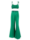 Cotton Women Summer Green Outfit Sleeveless Crop Top And Palazzo Pants 2 Piece Set Female Midriff Top Trousers