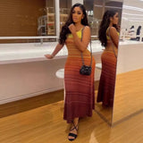 Retro Gradient Striped Knitted Dress Sleeveless Sling Skirt Slime-Skinny Sweater