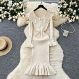 New Retro Bumpy Dolls To Receive Waist Knitted Dress Female Elastic Temperament Lotus Leafy