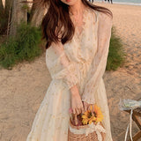 Elegant Sweet Dress Women Long Sleeve Chiffon Floral Dress Party Beach Dress for Females Korean Style 2021 Summer