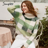 Casual turtleneck plaid women sweater Autumn winter long sleeve knitted sweater female Streetwear ladies pullover