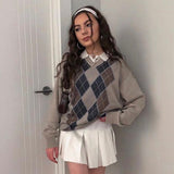 HEYounGIRL Preppy Style Vintage V Neck Sweater Women Autumn Casual Argyle Plaid Jumper Female Korean Fashion Pullover