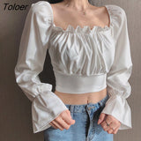 Women Slim Crop Tops Folds Flare Sleeve Elegant Korean Style Sexy Classic Vintage Streetwear Sweet Elastic Fashion