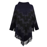 Autumn Winter Fringe Poncho Women Sweater Oversized Turtleneck Jumper Knitwear Holiday Vintage Cape Batwing Sleeve