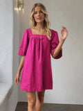 Holiday Dress Square Collar Rose Pink Mini Dress Pleated Flare Sleeve Casual Loose Women Clothes Summer Dresses