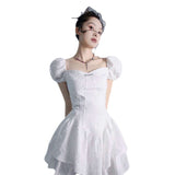 Graduation party Student Ins Chic Summer New Korean Kawaii Girl Spice Square Neck Bubble Sleeve Waist Short Puffy Dress
