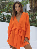 Sexy V-Neck Orange Mini Dress Lady Casual Lace-Up Long Sleeve Vintage Dress Elegant Loose Rayon Dresses For Women