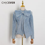 Denim Women's Jackets Stand Collar Long Sleeve Patchwork Bow Vintage Ruched Coats For Female 2023 Spring