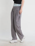 Toloer New Contrast Color Jeans Splicing Casual Pants Half Loose Waist Loose Pleated Show Thin Plaid Harun Pants-Outfit