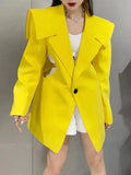 Fashion Women's Blazer New Notched Loose Single Button Solid Long Sleeve Hollow Out Yellow Suit Jackets Summer 2023