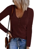 Autumn New Women's Button Vest Solid Color V-Neck Long-Sleeved T-Shirt