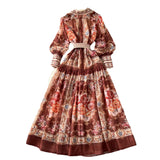 Court Print Flip Lantern Sleeves To Close Waist Single Buckle Dress Women Thin Elegant Long