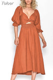 Spring Summer Tie Cord Waist Belt Ruffle Lantern Sleeve Dress Casual Women's Square Neck A-line Multi Wear Elegant