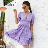 Party Purple v-neck polka-dot women Short Dress 2022 Casual Puff sleeve A-line High Waist Sundress Sexy Summer Outfit