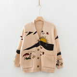 Autumn White Cotton Knitted Cardigan Sweater Women Coat 2022 Print V-Neck Pockets Female Jumpers Casaul Buttons Women