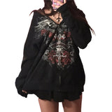Sweatshirt Women 2000s Fairy Grunge Skull Print Long Sleeve Hooded Tops y2k Aesthetic Hoodie Oversize Clothes