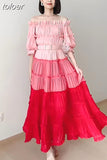 Patchwork Sashes Colorblock Dress For Women Slash Neck Short Sleeve High Waist Midi Dresses 2023 Summer Fashion