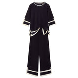 Women's Knitted Two Piece Suits Color Contrast Loose Pullover Sweater Jumpers And Wide Leg Pants Plus Szie
