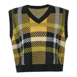 Y2K Checkered Sweater Vest Women Plaid Casual Sleeveless Knitted Vests Ladies Preppy Style V Neck Pullover