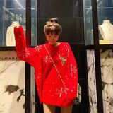 Women O-Neck Knit Pullovers Loose Double-sided Embroidery Reindeer Christmas Snowflake Warm Thick Medium Long