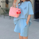 Letter Embroidery Casual COTTON Tracksuit Women T-shirt +shorts 2 Pieces Set Female Chic Loose T-shirt + Shorts