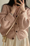 Solid V Neck Puff Sleeve Cable Knit Cardigan-Outfit