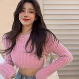 Graduation party Women Short Pullovers Mink Cashmere Crewneck Solid Knitted Sweater Sweet Girls Slim Fit Long Sleeve Striped Top Spring