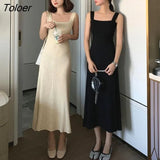 Dress Women All-match Knitting Vestido Vintage Spring Slim Daily Square Collar Solid Simple Clothing Spaghetti