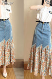 Popular White Cotton T-shirt Pleated Chiffon Denim Patchwork Skirt Elegant Women's Skirt Suit Party Dress Female