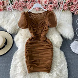 Purple/Brown/White Sexy Mesh Draped Bodycon Dress Women Elegant Square Collar Short Puff Sleeve Pleated Vestidos Female