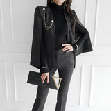 Autumn 2 Piece Trouser Suits Elegant Women Temperament Formal Casual Striped Cloak Belt Coat Blazer Pants Slim Set