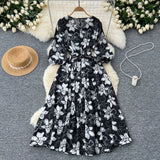 Retro Fashion Print Dress Women Loose Strap To The Waist Thin A Word Big Pendulum Long