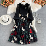 Vintage Women Black Mesh Patchwork Embroidered Midi Dress Women Elegant O-Neck Lantern Long Sleeve Big Swing Party Vestidos