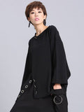 2023New Spring Summer Black Full Sleeve O Collar Split Pullover Personality Women Fashion Tide Loose Casual T-shirt