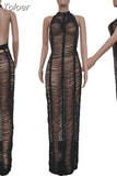 Crochet Knit Beach Long Dress for Women Summer Halter Neck Backless See Through Robe Elegant Solid Holiday Vacation