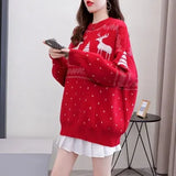 Women's Christmas Casual Thicken Warm Red Sweaters O-Neck Knitting Loose Pullovers Tops Korean Clothes