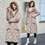 2024 New Diamond Lattice Loose Waist Down Cotton-Padded Coat Female Long Money Over The Knee Thick Cotton-Padded Jacket Winter Cotton-Padded Coat-Outfit