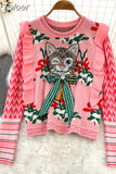 Harajuku Diamonds Beaded Cat Bow Embroidery Sweater Women's Ruffles Flower Jacquard Cartoon Pullover Jumper Crop