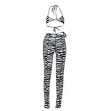 Zebra Pattern Print Matching Sets Women 2021 Sleeveless Sexy VNeck Backless Halter Top And Bandage Pant Two Piece
