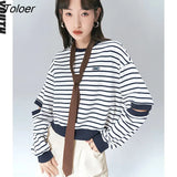 Women Sweatshirts 2022 Spring Hole Long Sleeves O Neck Striped Hoodies Short Chic Casual