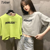 Sleeve T-shirts Women Letter Printed Crop Top Soft All-match Korean Style Womens Tees Students Chic Loose Retro